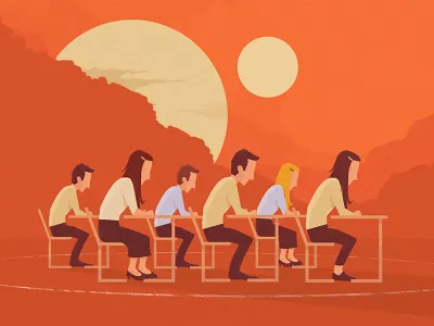 Circle circle desk illustration moon orange planet red school sky students sun table