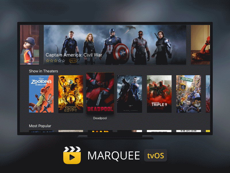 Movies and Trailers tvOS Apple TV App animation app appletv dark gif movies tvos ui