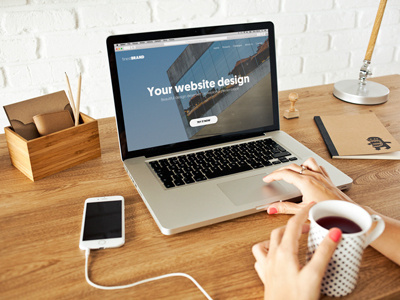 MacBook Pro in home environment brick desk macbook mockup macbook pro mockup photo mockup psd smart object web desgin woman wood workplace