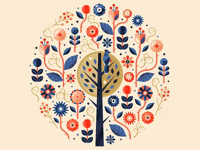 Floral Print bird bluejay circle floral flower folk leaf pattern plants tree wood