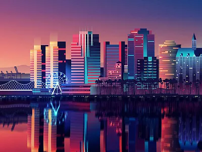 City Scape city lights long beach night reflection sky skyline sunset