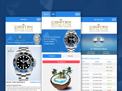 Cortex Royal Club app blue desktop e commerce gifts luxurious mobile responsive table tablet ui ux