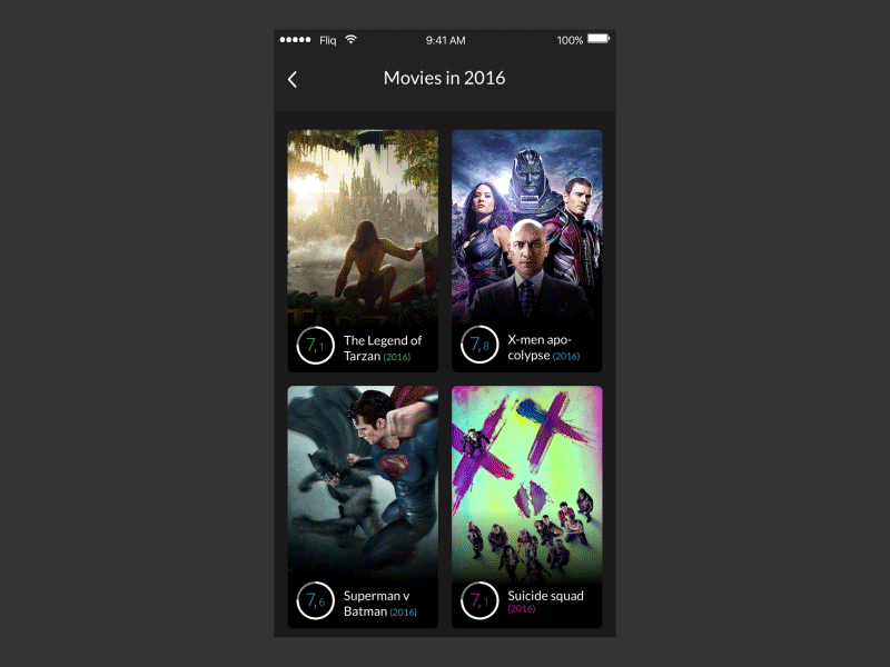 Interaction Fliq animation app blue card dark fliq iphone mobile movie simple ui ux