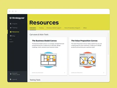 Strategyzer Platform - Resources Index dashboard platform tools ui ux