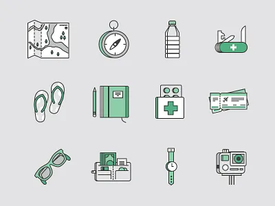 Travel kit compass free freebie go pro icons map medcine tickets travel trip vacation wallet