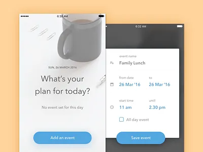 Calendar Event date day dialog box diffuse shadow ios mobile modal pop up schedule time ui