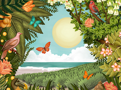 Treasure Island beach birds butterfly digital painting dodo flower forest illustration plants sun texture tropical