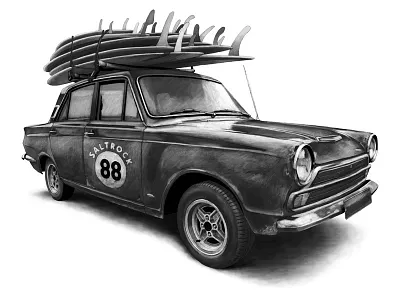 Cortina apparel car drawing illustration painting racing realistic retro surfboard t shirt vehicle vintage