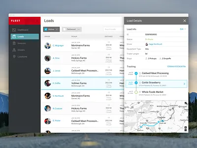 Fleet App drivers listing loads map trucking web app