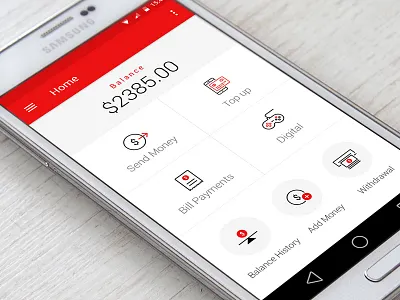 Wallet App android app app design clean concept creative dashboard finance app flat homescreen interface ios iphone material design mobile payment app red ui ux wallet app white