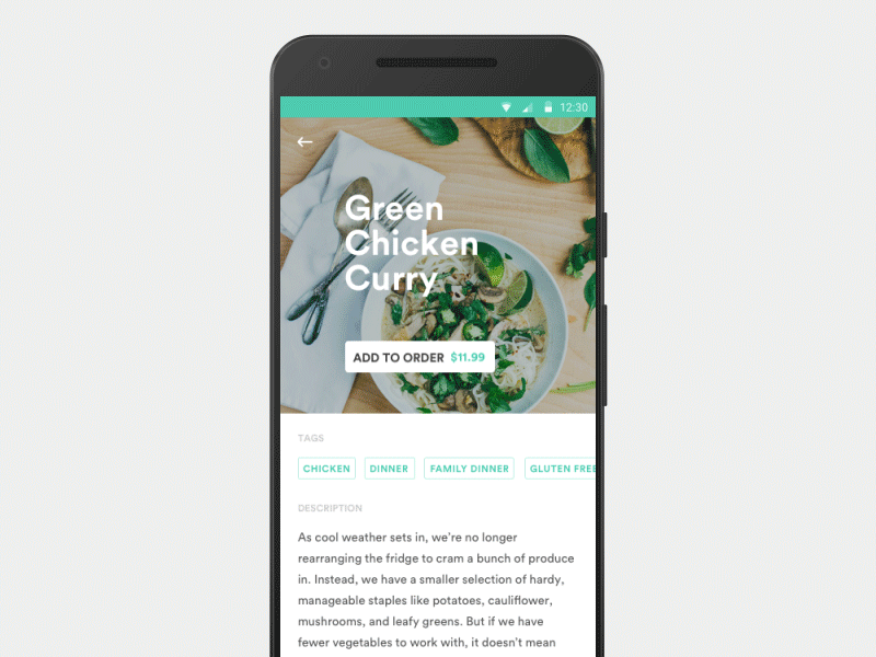 Ordering an item add android animation app button details fab material order price restaurant