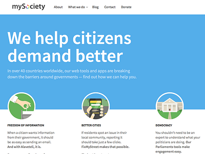 New homepage for mysociety.org charity citizen civic icons mysociety source sans tech uk