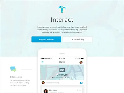Interact / activity feed landing page for Guidebook activity feed chat discussions feed guidebook home interact landing page