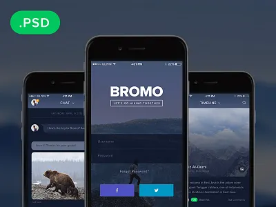 Bromo - Free Social Mobile App Template PSD app apps flat freebie interface ios mobile psd social ui user interface ux