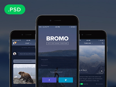 Bromo - Free Social Mobile App Template PSD app apps flat freebie interface ios mobile psd social ui user interface ux