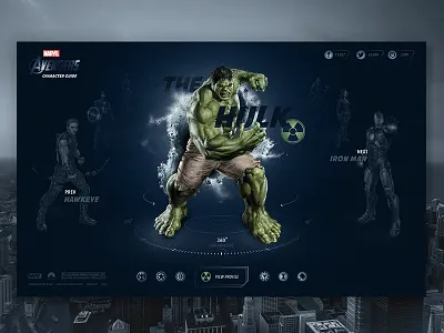 Avengers Character Guide buttons homepage hulk icons interactive interface landing page layout ui web web design website