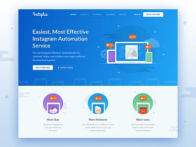 Instaplus creative followers gradient illustration instagram interface landing promo service soft ui ux