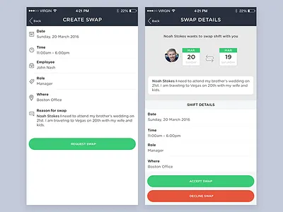 Employee Shift Swap Screens app create employee hr human resources office request swap ui