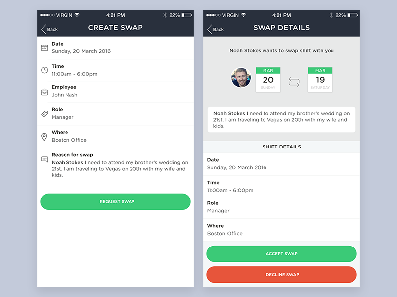 Example of Employee Shift Swap Screens