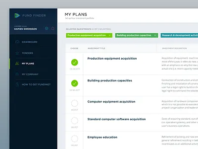 Fundfinder investments page ui ui design ux webapp