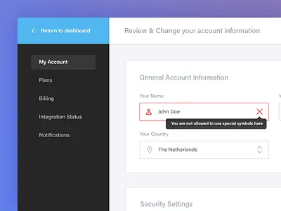 My Account app application avatar container edit email field my account profile settings sidebar ui