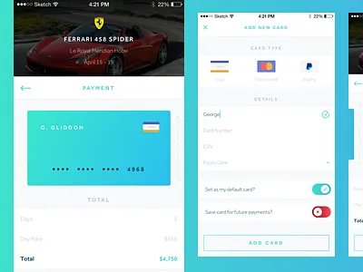 Choose Card & Payment Flow app bank booking car card care hire credit ferrari hire rent rental visa