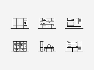 10 Furniture Icons bedroom cabinet dressing room furniture hallway interior walls kitchen library living room outlined playroom wardrobe