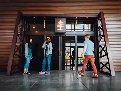 Treehouse Entrance design entrance environmental design exterior signage trellis wood