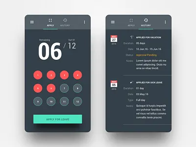 Leave Application App app app design calendar dark ui leave material material design mobile ui uiux ux