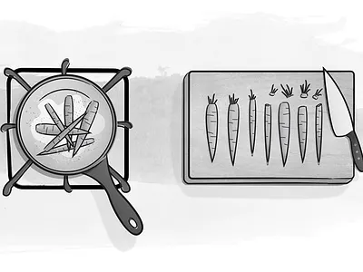 A List Apart Illustration black and white carrots cooking cutting board gray illustration ink wash knife monochromatic range stove