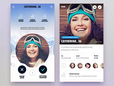 People and detail screen - mobile application application cards detail page events friends mobile ski snow splash welcome screen