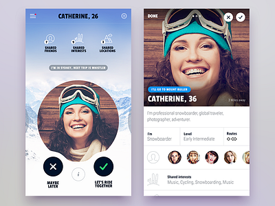 People and detail screen - mobile application application cards detail page events friends mobile ski snow splash welcome screen