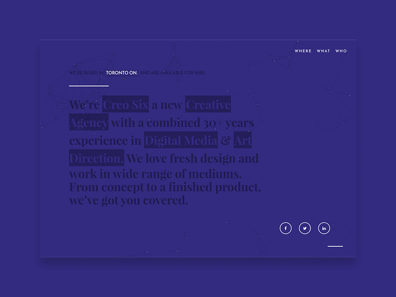 Creo Six agency animation landing purple white