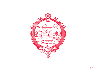 Explorer art badge boat explorer icon illustration line map ornament sea sun trophy