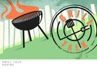 Grill Talk badge charcoal fence fire grass grill. hot handtype illustration summer talk type