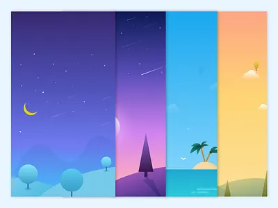 Illustration Work beach illustration moon mountain night sea star tree