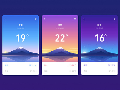 Weather App 3 app cloudy foggy illustration interface landscape mountain sunny ui weather