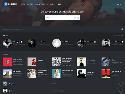 Search on Shazam.com artist home homepage mobile music responsive results search shazam song track web