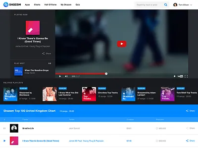 Playlists on Shazam.com list mobile music play playlists responsive shazam song track video web youtube
