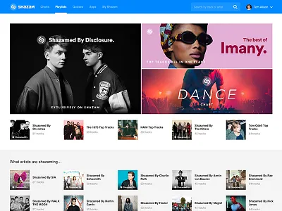 Playlists Homepage on Shazam.com list mobile music play playlists responsive shazam song track video web youtube