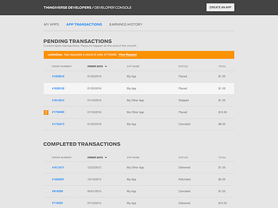 Thingiverse Developer Console - App Transactions developer console developer platform ecommerce history makerbot order history platform thingiverse transaction ui design ux design work