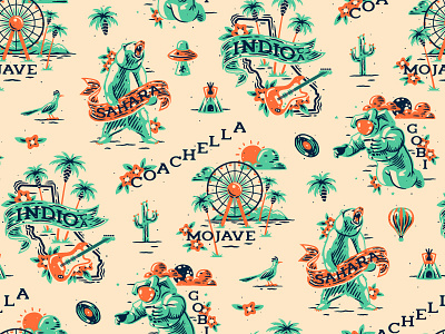 Coachella pattern astronaut bear cactus coachella festival illustration music palm pattern texture ufo vector