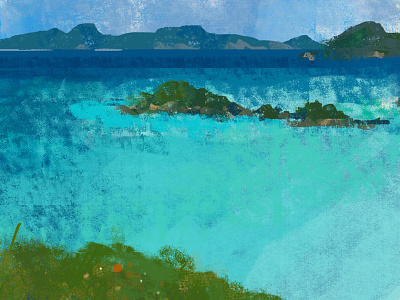 PSD Painting boats island mountain painting psd rocks texture trees warm water