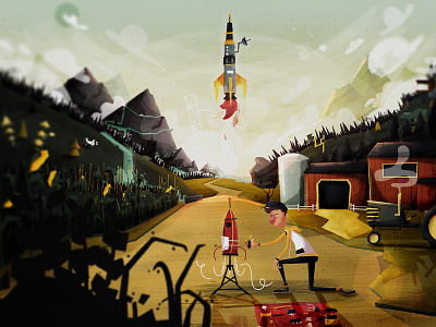 Back yard rocket child clouds corn field illustration landscape nasa retro rocket shuttle space
