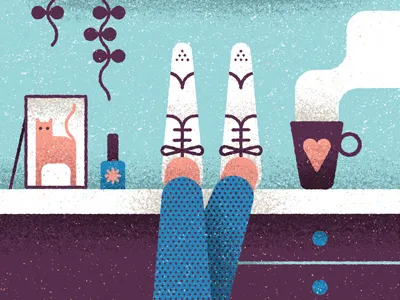 Put your feet up business cat coffee editorial flat icon illustration logo office shoes texture vector