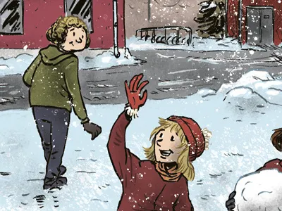 Lea and the snowball war childrens book girl illustration kids play school snow winter