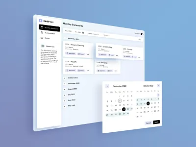 Financial web app UI design admin panel calendar cards clean collapse components grid view light navigation sidebar style ui web app white