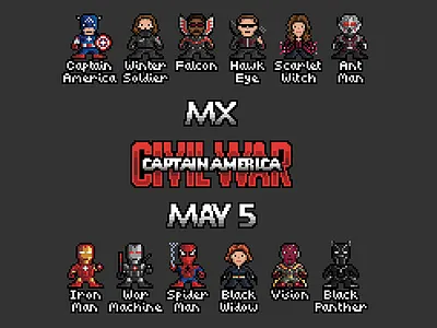 Captain America: Civil War - MX Internal Sticker Pack 8 bit 8 bit 8bit captain america captain america civil war civil war die cut pixels stickers