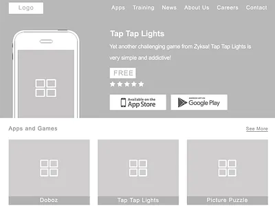 Wireframes of Homepage(Zyksa Project) games interactive design low fidelity prototype. mobile apps mockups navigation prototypes responsive design target users user centered design wireframes zyksa