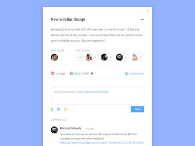 Task preview app board cards chat clean dashboard icons management material design organization project tasks